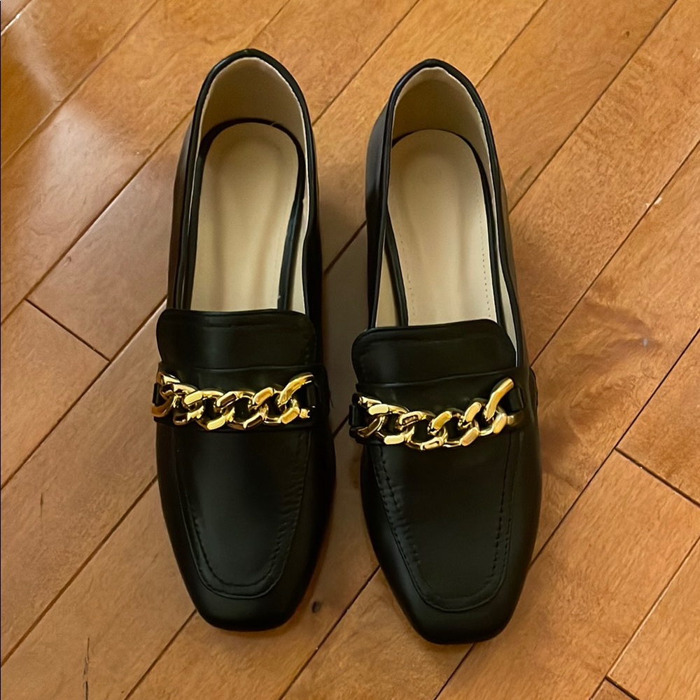 Chic Black Loafers with Gold Chain Detail